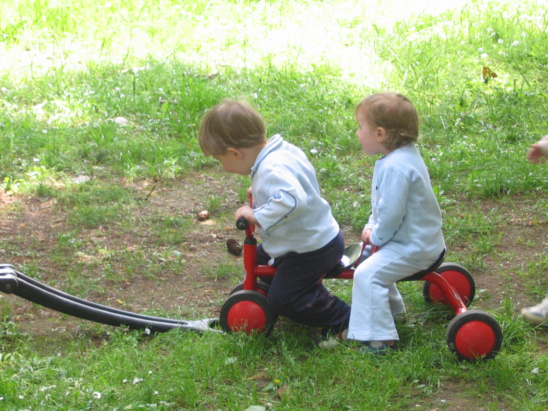 Immagine di bambini sul triciclo a due